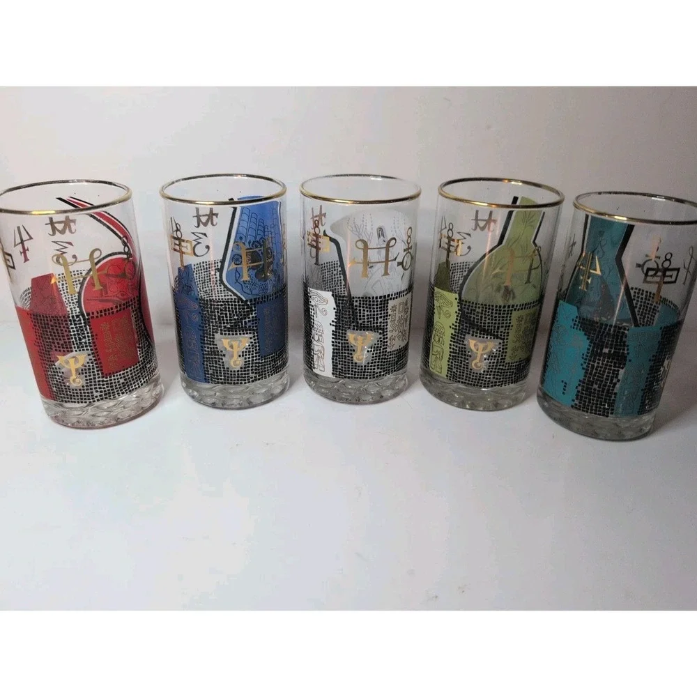 Vintage Roerig Pfizer Pharmaceutical Kalamazoo Promo Glasses Set of 5 MCM 1960's